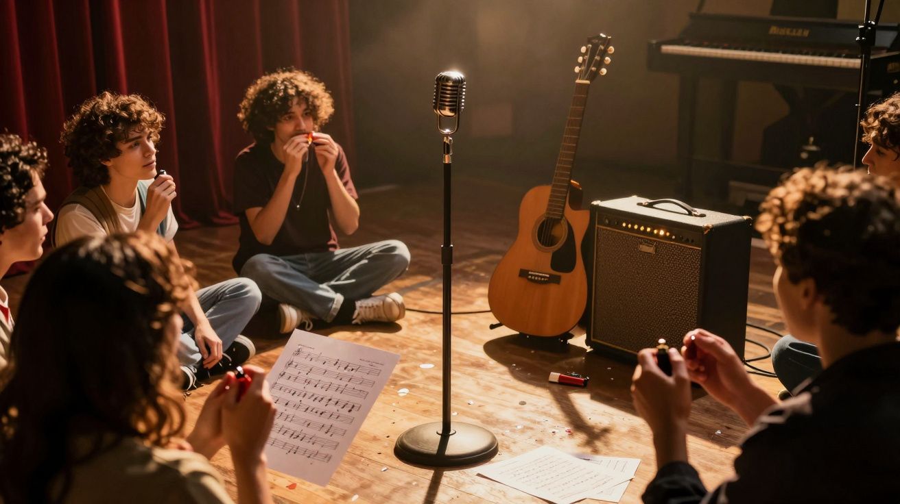 Grupo de jovens sentados no palco, tocando música com partituras ao lado, violão, amplificador e microfone.