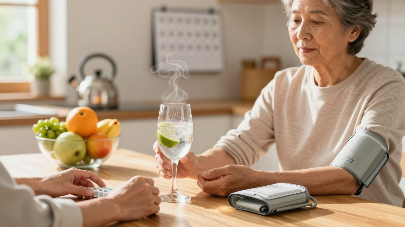 Mulher idosa com medidor de pressão no braço, sentada à mesa com copo de água e frutas ao fundo.