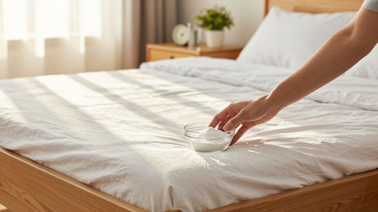 Mão colocando tigela de vidro em cama com lençol branco e luz natural entrando pela janela.