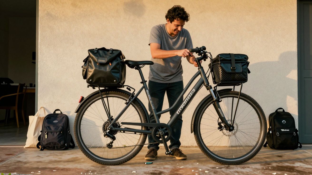 Homem ajusta bicicleta elétrica com bolsas, parede clara ao fundo e mochilas no chão.