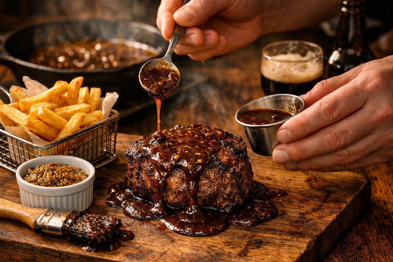 Bife suculento em frigideira com molho sendo servido, acompanhado de batatas fritas e garrafa de cerveja ao fundo.