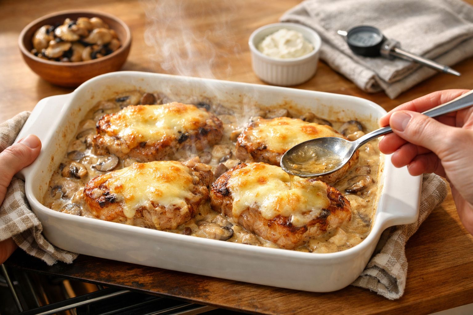 Carne assada em uma travessa com molho de cogumelos sendo servido com uma colher. Ao fundo, arroz e salada.