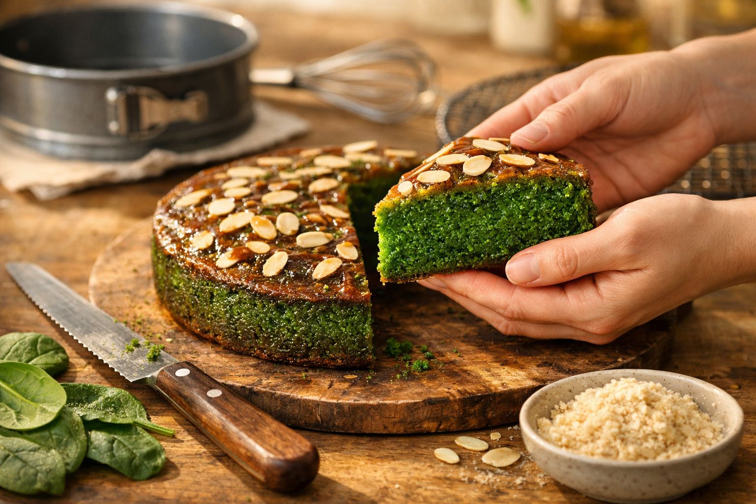 Bolo verde com amêndoas fatiadas por cima, uma fatia sendo servida, sobre uma mesa de madeira.