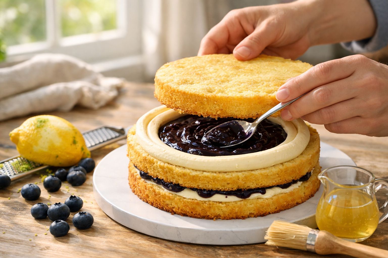 Bolo de camadas com creme e geleia de frutas vermelhas, decorado com mirtilos, sendo servido em uma espátula.