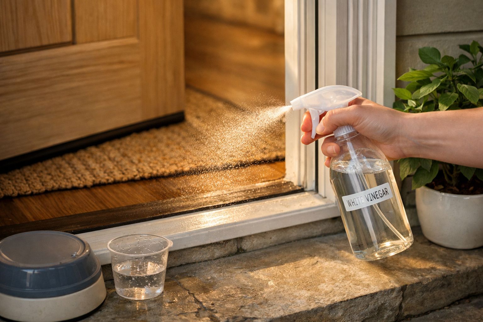 Mão pulverizando solução caseira na soleira da porta, com toalhas e pote de sal próximo.