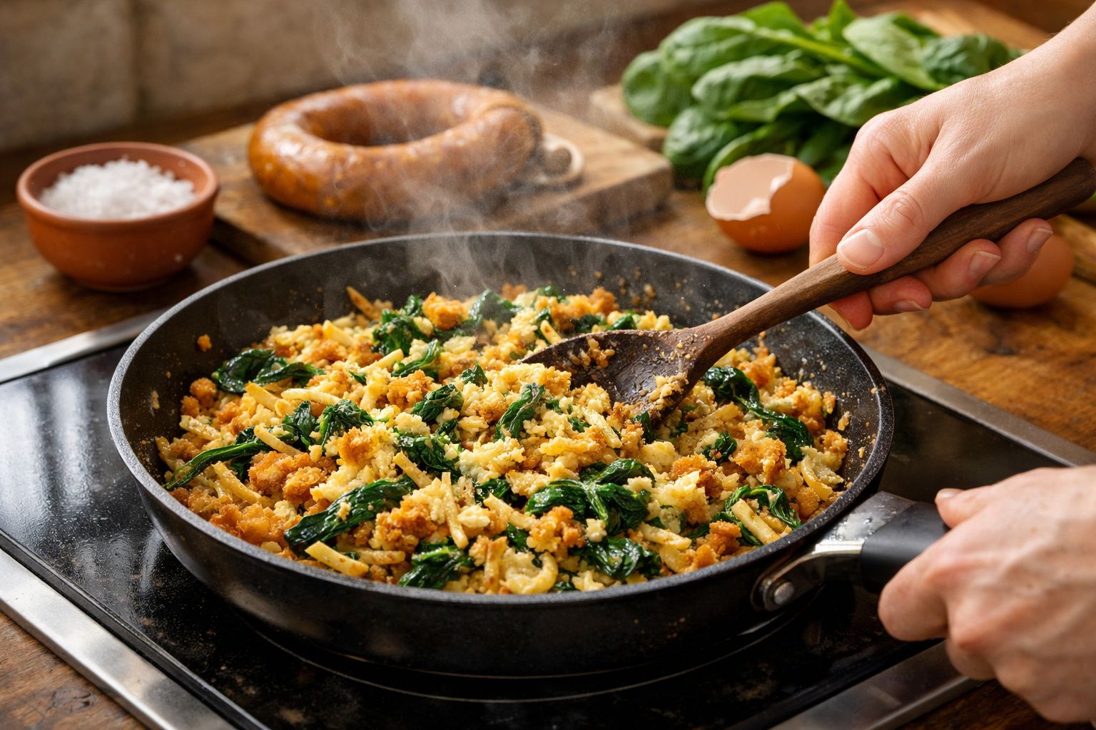 Pessoa prepara uma panela de espinafre com queijo derretido, ovo frito e batata palha em uma cozinha iluminada.