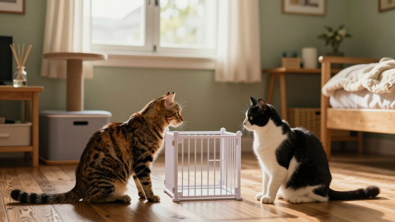 Dois gatos sentados no chão de um quarto iluminado, olhando um para o outro ao lado de uma pequena gaiola vazia.