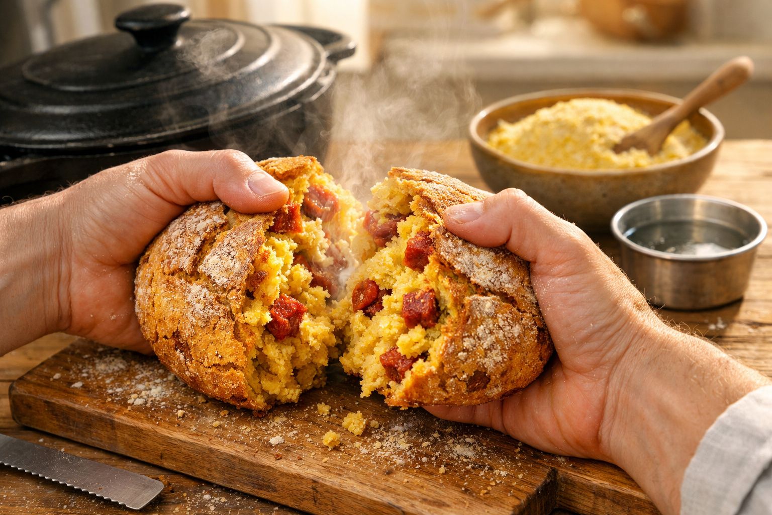 Duas mãos partem pão de milho fumegante com linguiça em uma mesa de madeira, panela e tigela ao fundo.