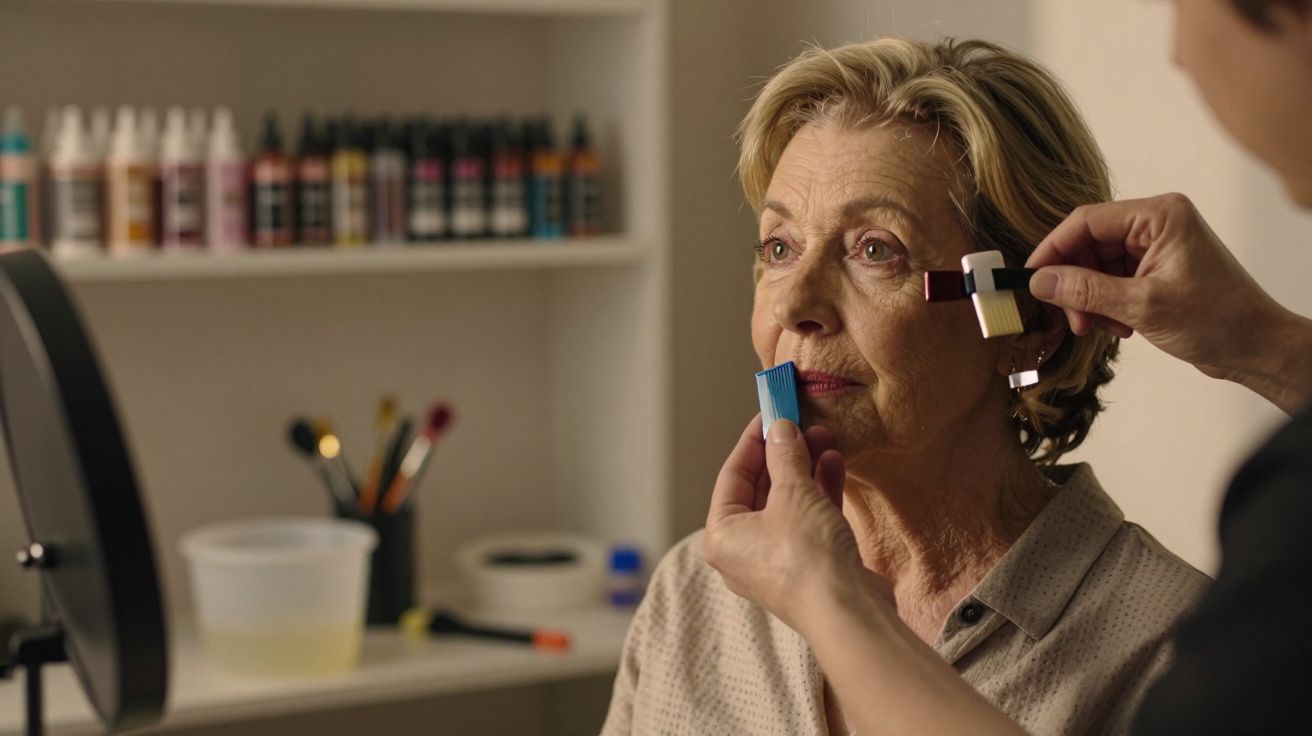 Mulher idosa sentada enquanto alguém aproxima amostras de cores do rosto dela em uma sala com produtos ao fundo.