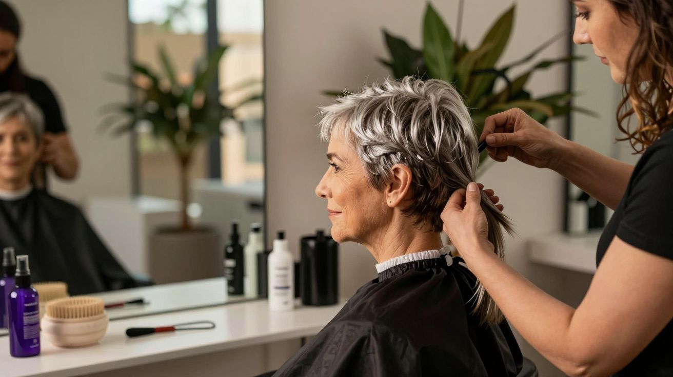 Mulher de cabelos curtos grisalhos é penteada em frente a espelho em um salão de beleza moderno.
