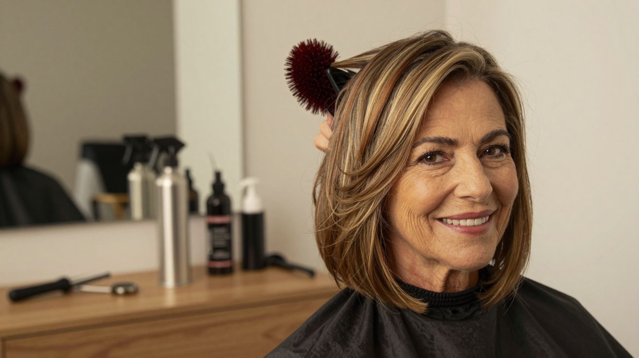 Mulher sorridente em salão com capa preta, escova vermelha no cabelo curto; produtos ao fundo.