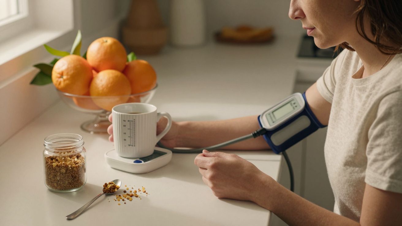 Mulher medindo a pressão arterial com monitor, ao lado de xícara, laranja e pote de cereal.
