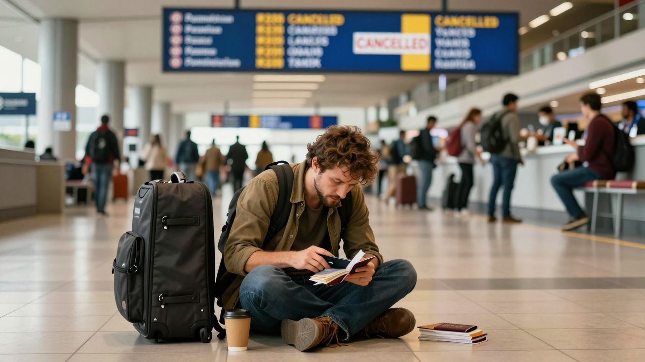 Homem sentado no chão de aeroporto, lendo um caderno. Mala ao lado e tela de voos cancelados ao fundo.