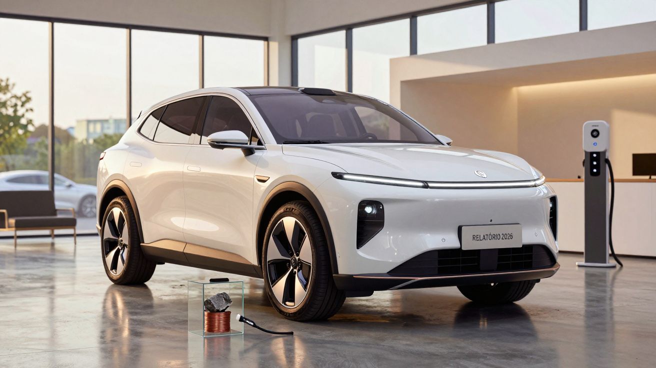 Carro elétrico branco carregando em estação, interior moderno e janelas amplas ao fundo.