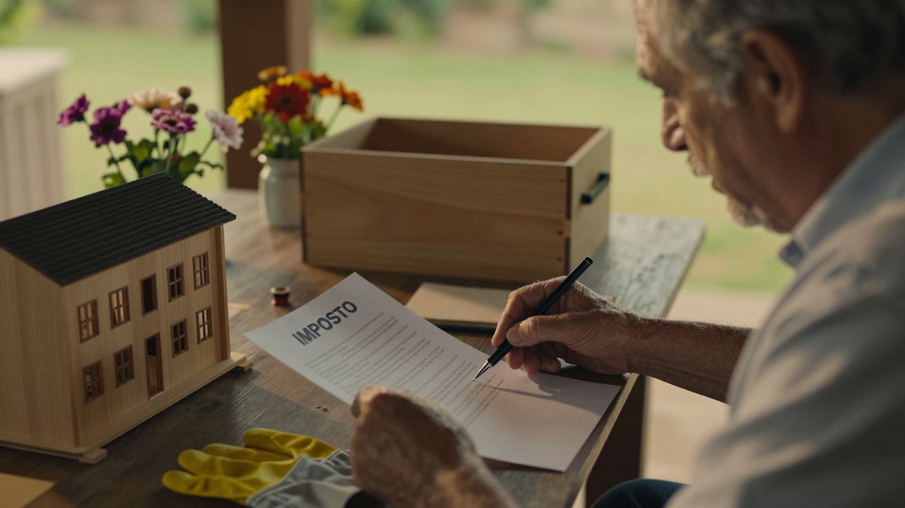 Homem idoso assinando um documento de impostos em uma mesa com miniatura de casa e flores ao fundo.