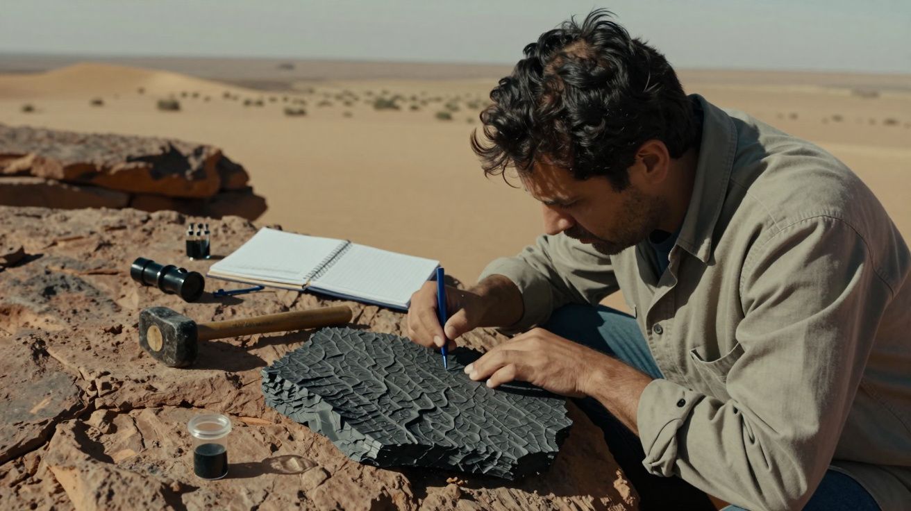 Homem estudando rocha em deserto com caderno e martelo ao lado.