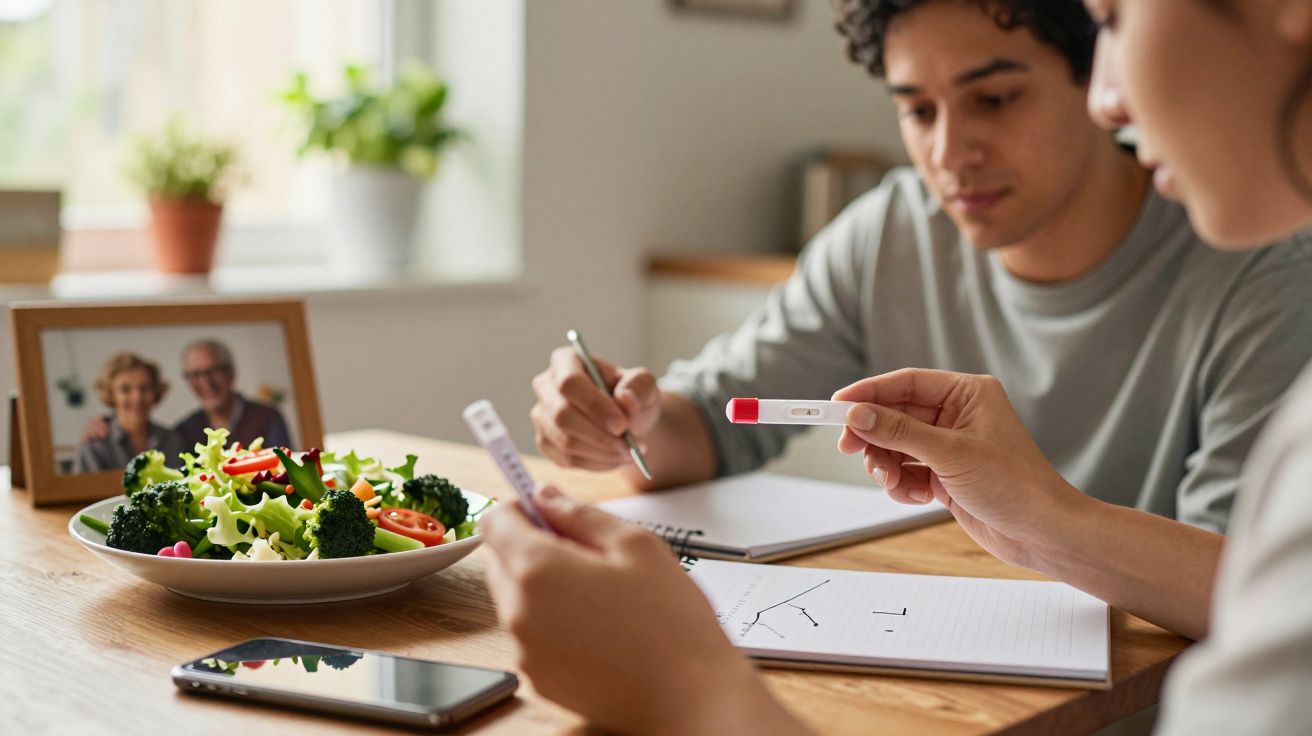 Casal observa teste de gravidez positivo; salada e foto de família ao fundo.