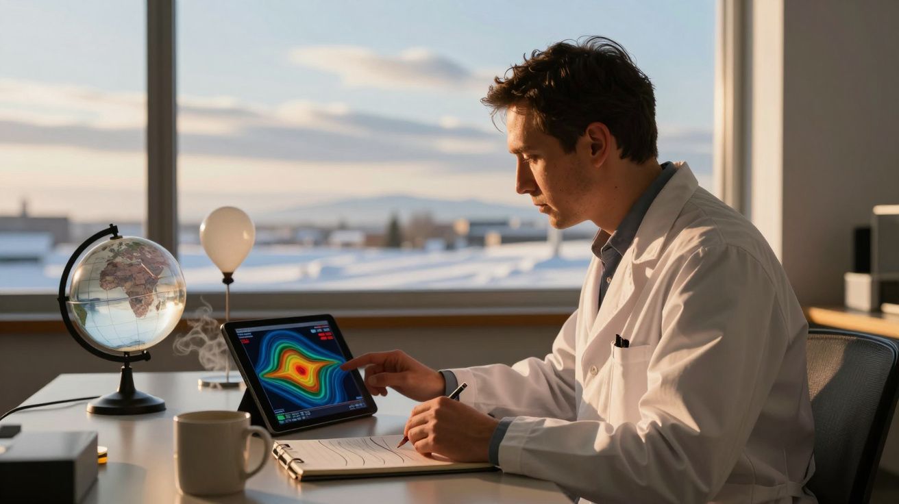 Cientista em um escritório analisando dados em um tablet com imagem colorida, globo terrestre ao lado e vista de paisagem nev