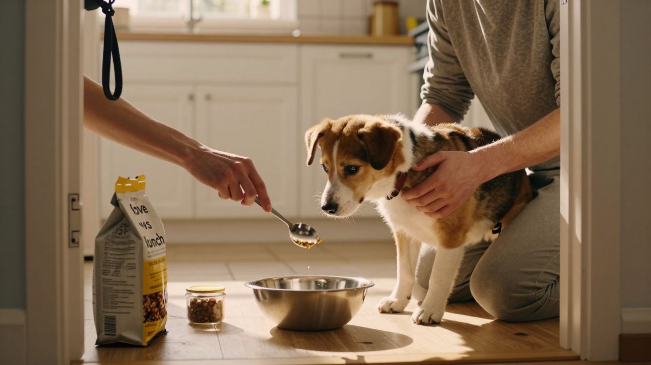 Pessoa alimentando cachorro com ração em cozinha iluminada, usando colher e tigela de metal no chão.