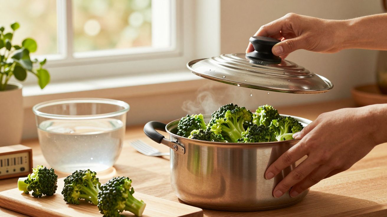 Pessoa abrindo panela de inox com brócolis cozinhando na cozinha, ao lado de tigela de vidro com água e planta decorativa.