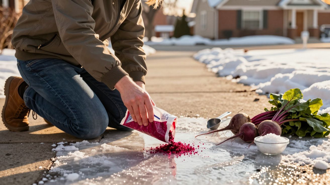Pessoa ajoelhada despeja sal rosa sobre calçada congelada, ao lado de beterrabas e neve, em cenário urbano.