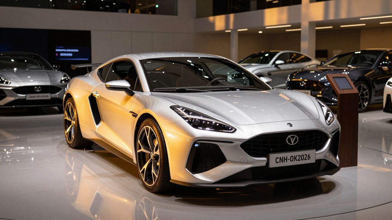 Carro esportivo prateado em exposição, destaque para design aerodinâmico e faróis modernos.