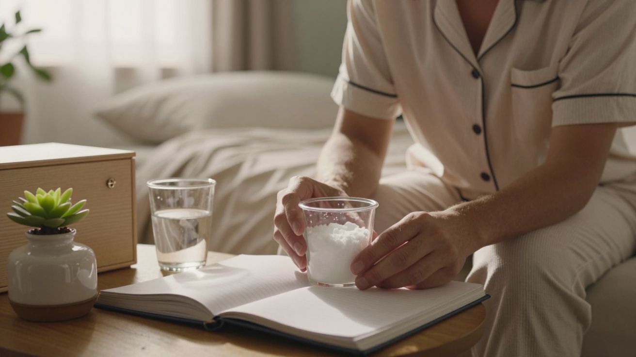 Pessoa em pijama, sentado na cama, segura um copo com substância branca sobre um diário, ao lado de um copo d'água e planta.