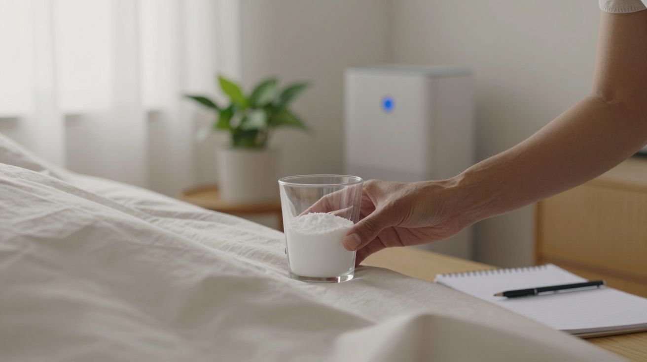 Mão segurando um copo de leite ao lado de uma cama, com planta ao fundo e bloco de notas com caneta na mesa.