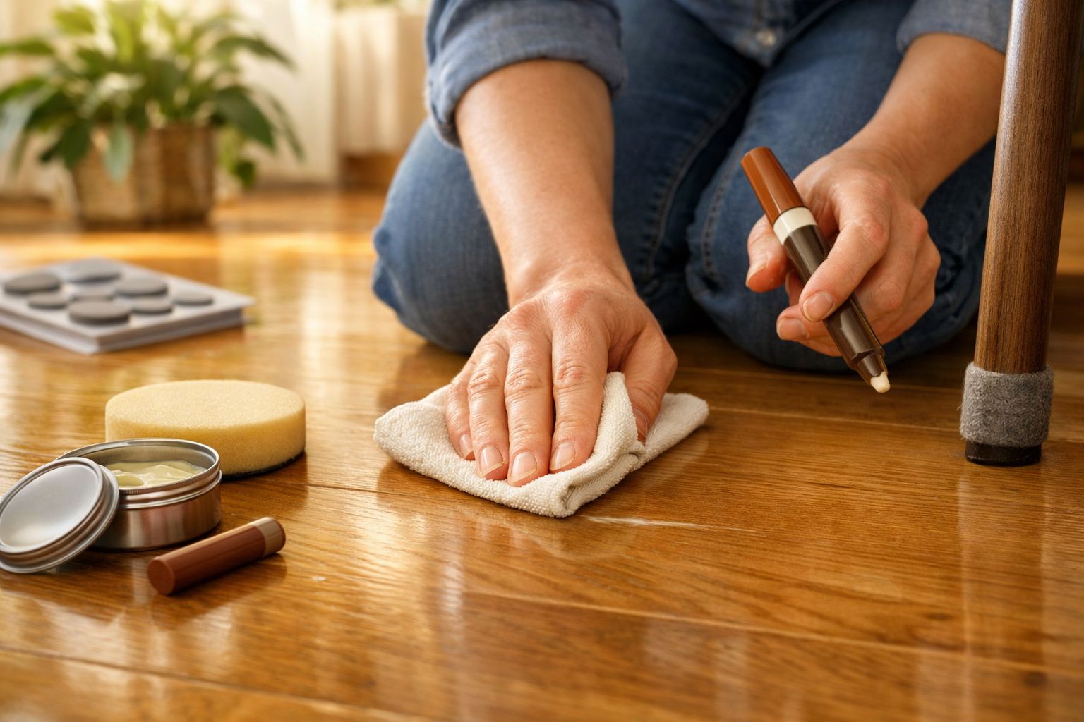 Pessoa polindo piso de madeira com pano e cera; produtos de manutenção ao redor.