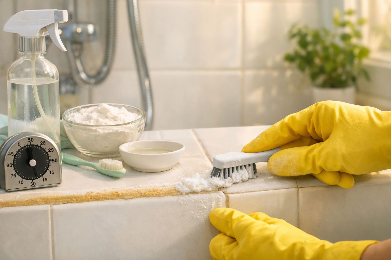 Pessoa com luva amarela esfrega azulejo com escova. Na frente, spray, tigela com pó, meio limão e toalha.