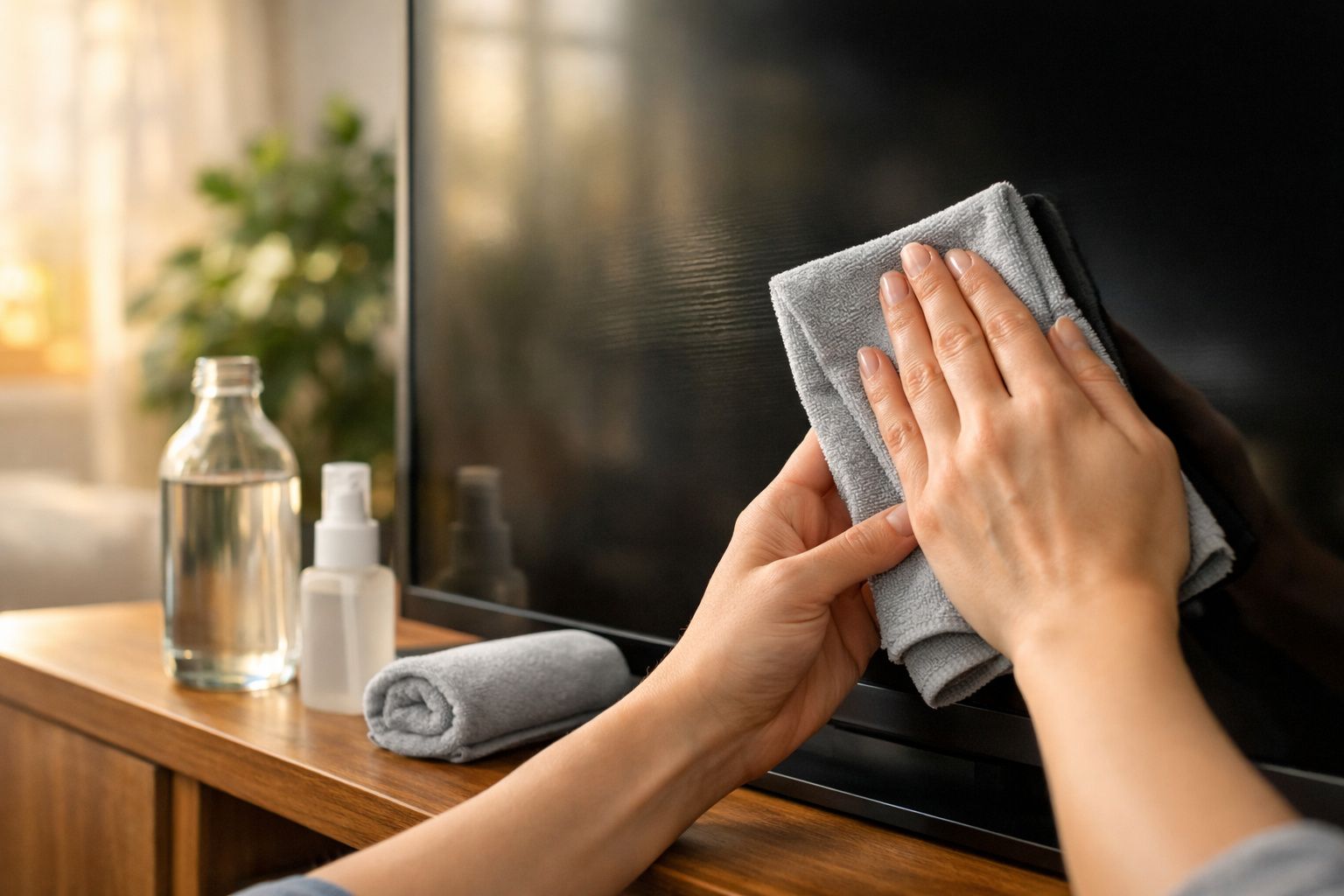 Mãos limpando a tela de uma TV com um pano cinza; garrafa e frasco sobre a mesa ao fundo.