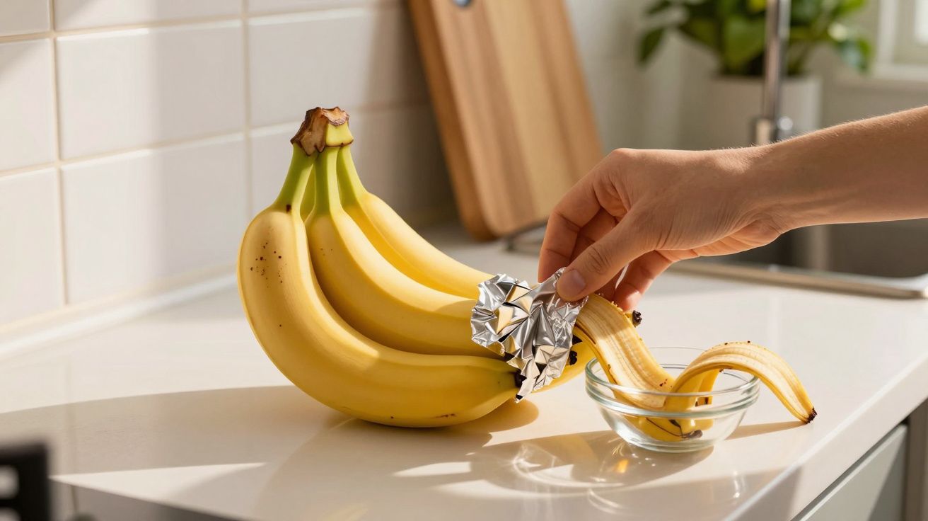 Mão colocando alumínio na ponta de um cacho de bananas maduras em uma bancada de cozinha.