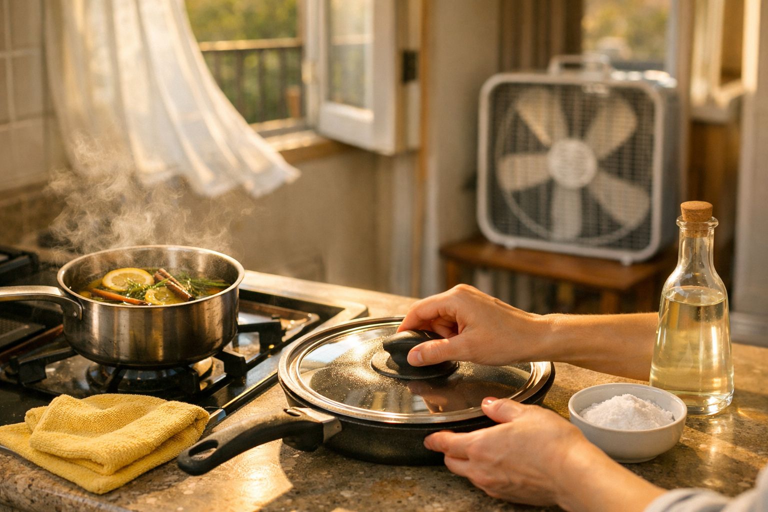 Pessoa cozinhando com panela fumegante de especiarias e fatias de limão ao lado de recipiente com sal.