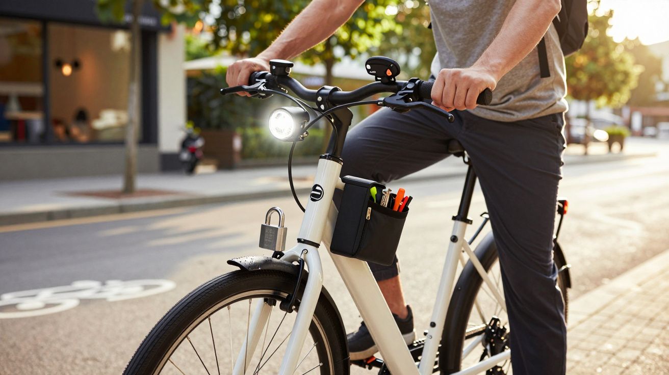 Pessoa andando de bicicleta branca em uma rua urbana, com luz frontal acesa e bolsa no quadro.
