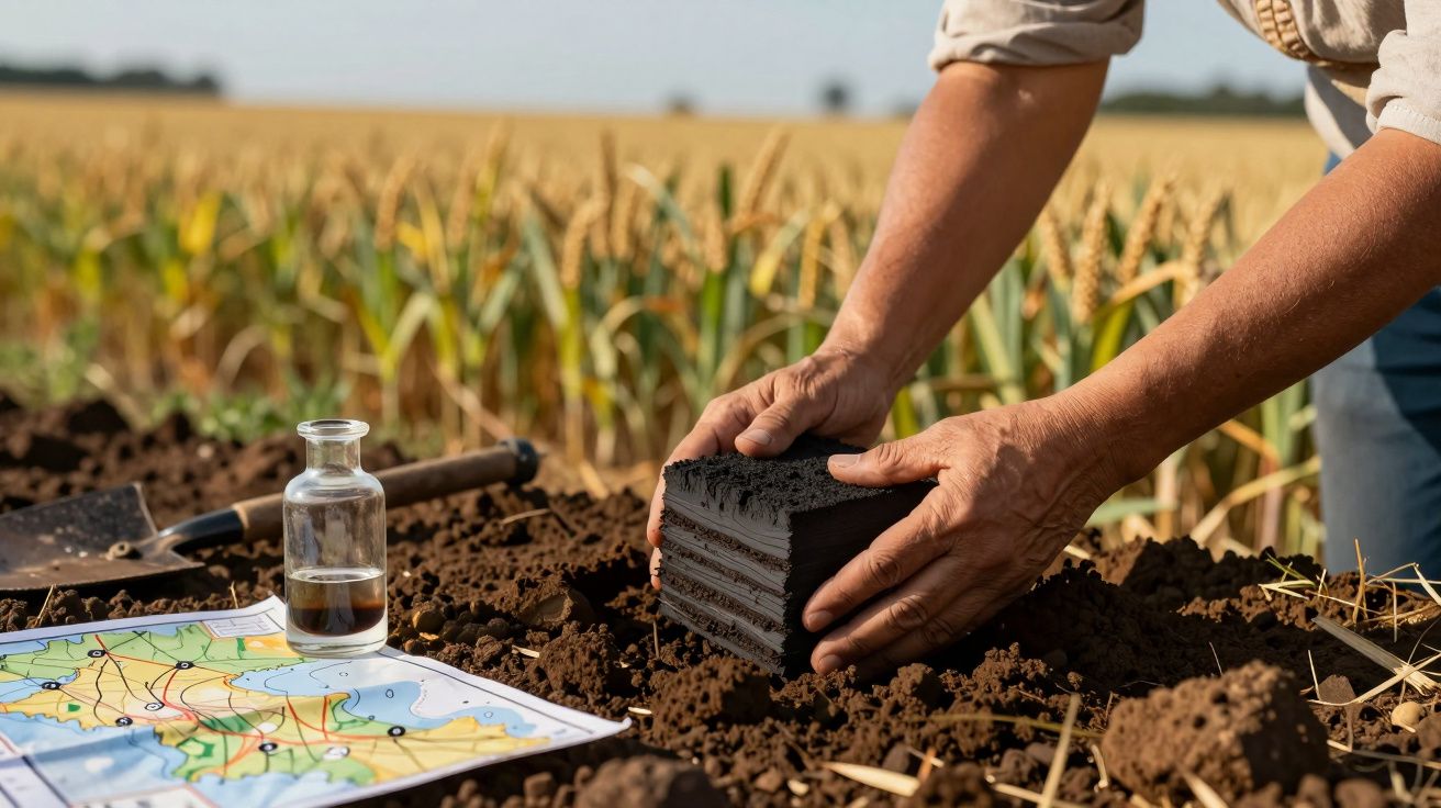 Mãos analisam amostra de solo em campo de trigo, com mapa e frasco ao lado.