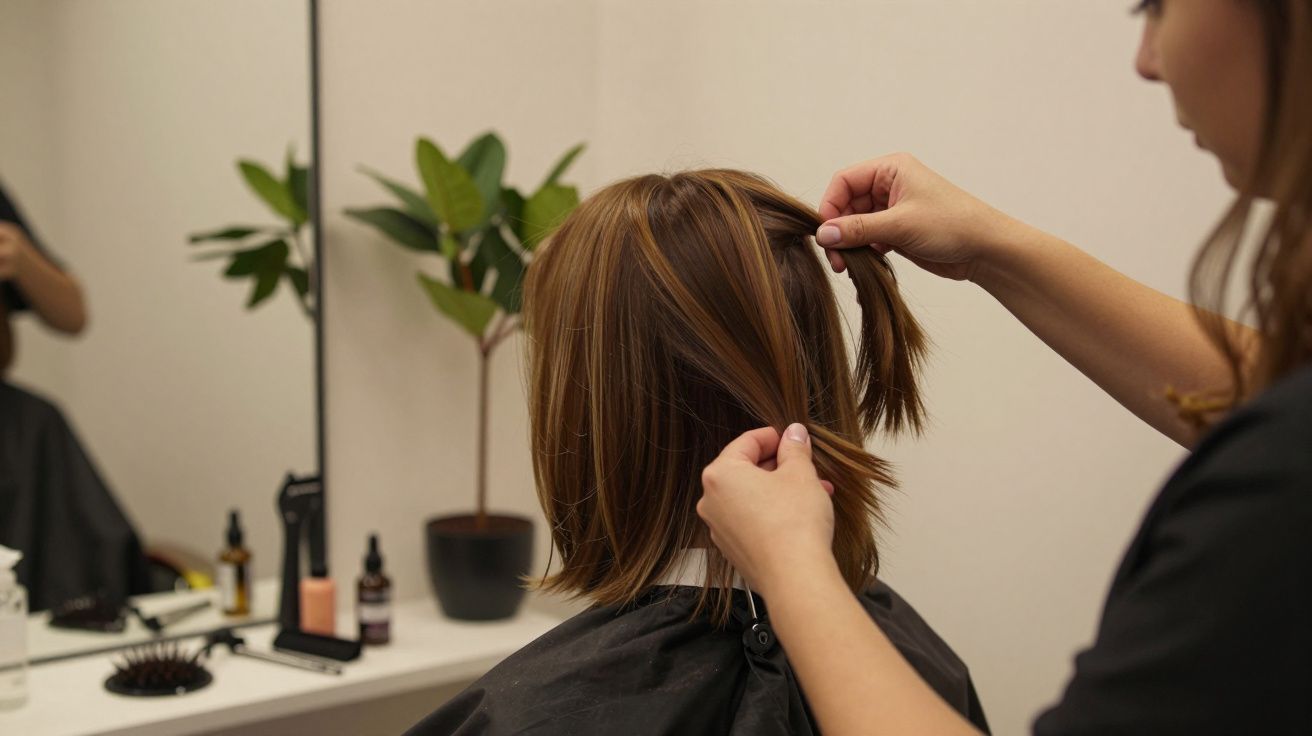 Mulher fazendo penteado em salão, com espelho e plantas ao fundo.