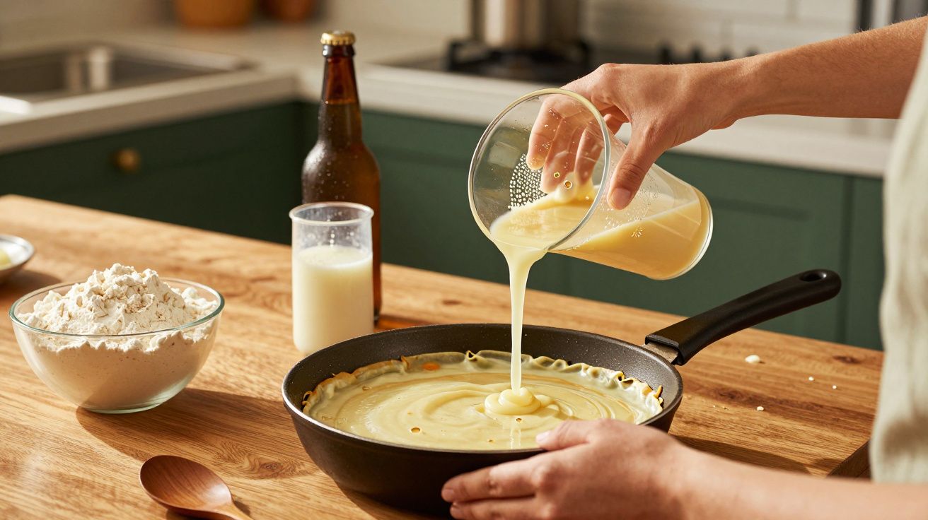 Pessoa despeja massa líquida em frigideira, com ingredientes e utensílios sobre a mesa.