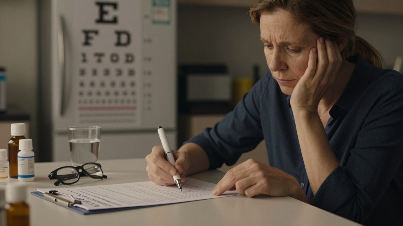 Mulher preocupada preenchendo formulário em uma mesa, com óculos, remédios e tabela de visão ao fundo.
