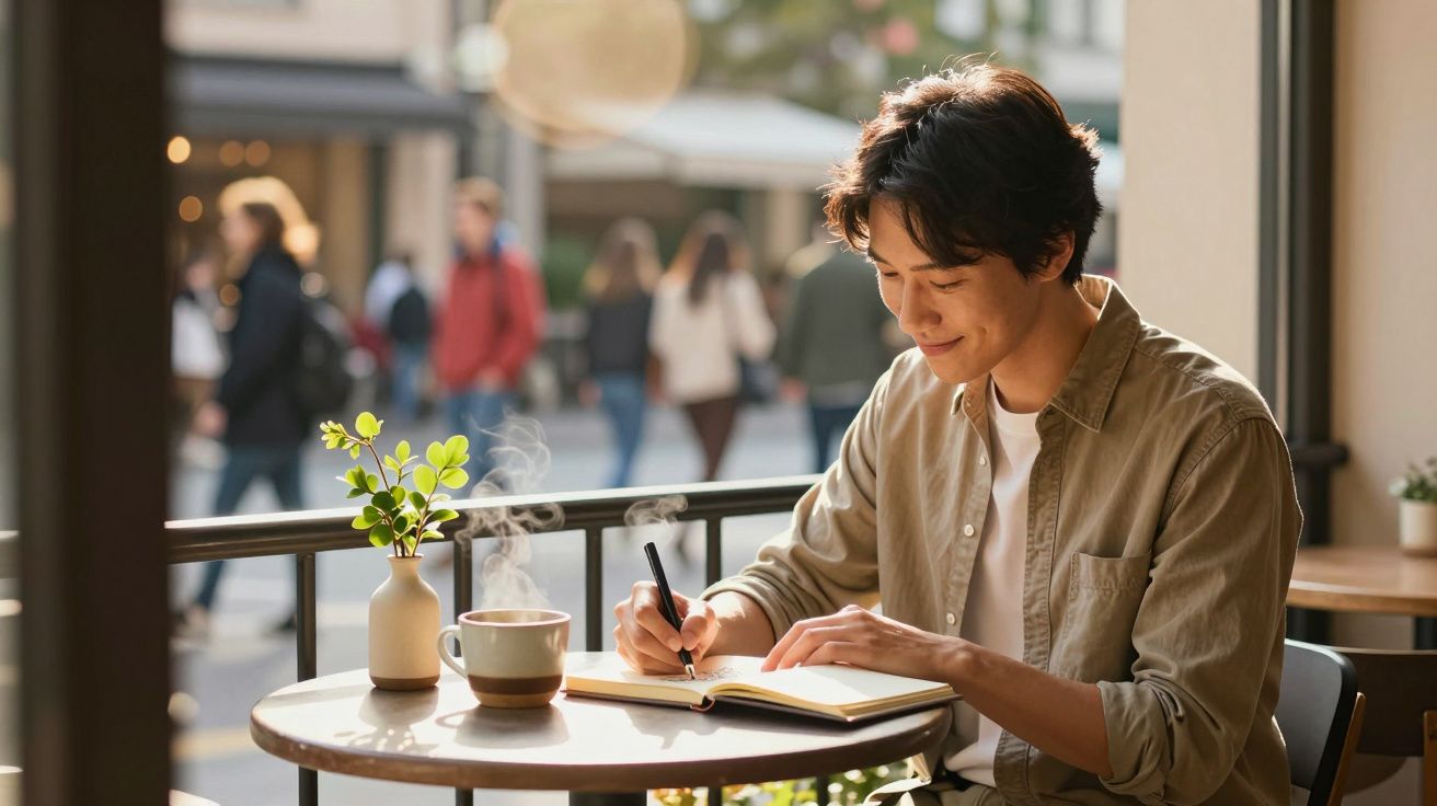 Homem sorridente escreve em caderno em café, com xícara de chá e planta sobre a mesa, pessoas caminham ao fundo.