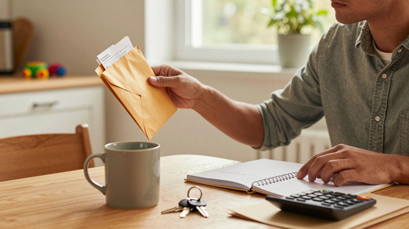 Homem segura envelope, anota em caderno com calculadora na mesa, ao lado de chave e caneca em frente a uma janela.