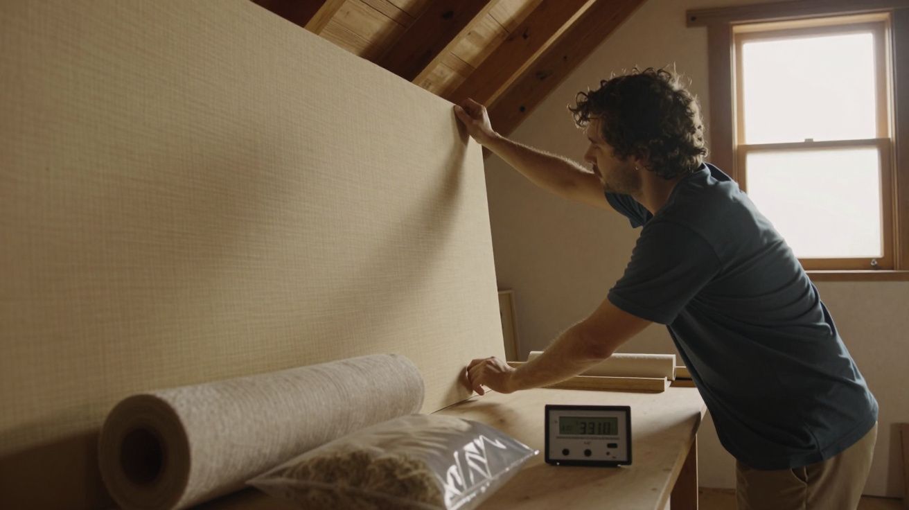 Homem desenrolando papel de parede em um sótão, próximo a janela, com rolo e medidor digital na mesa.