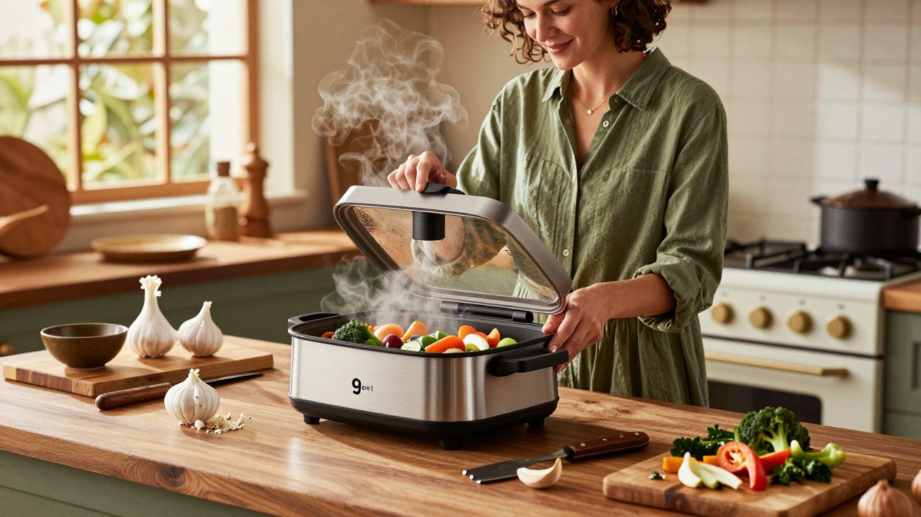 Mulher cozinha vegetais em panela elétrica sobre bancada de madeira em cozinha iluminada.