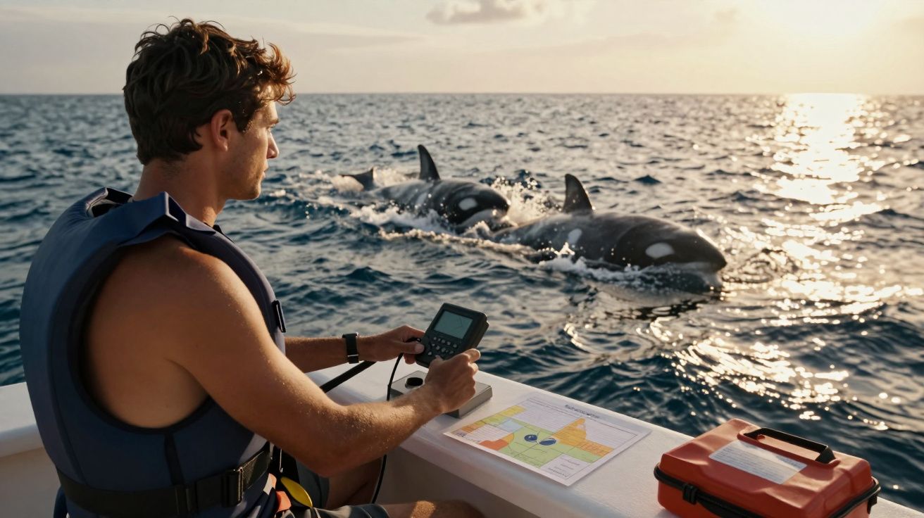 Homem em barco observando duas orcas nadando no mar ao pôr do sol, segurando equipamento de navegação e mapas.