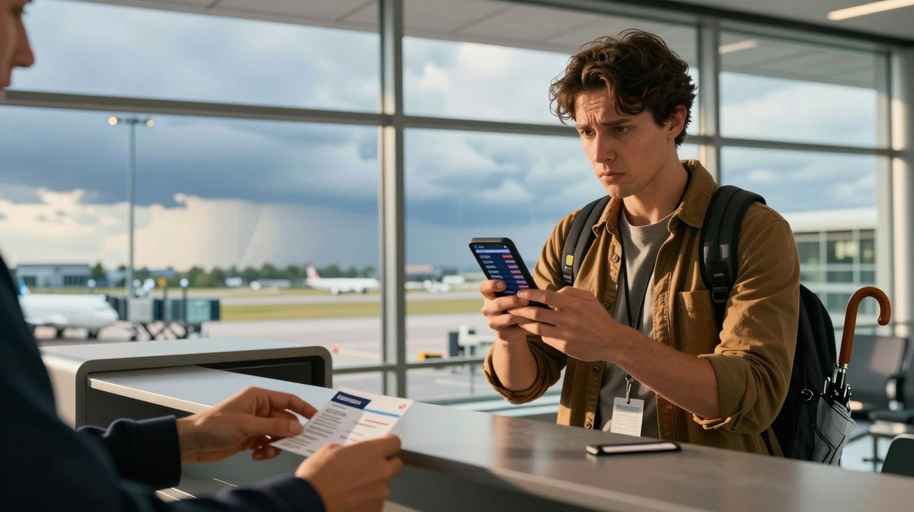 Homem verifica smartphone em balcão de aeroporto, funcionário segura documento. Avião e céu nublado ao fundo.