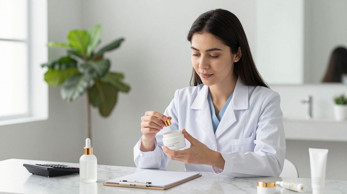 Mulher de jaleco branco examinando um pote de creme em escritório, com planta ao fundo e prancheta sobre a mesa.