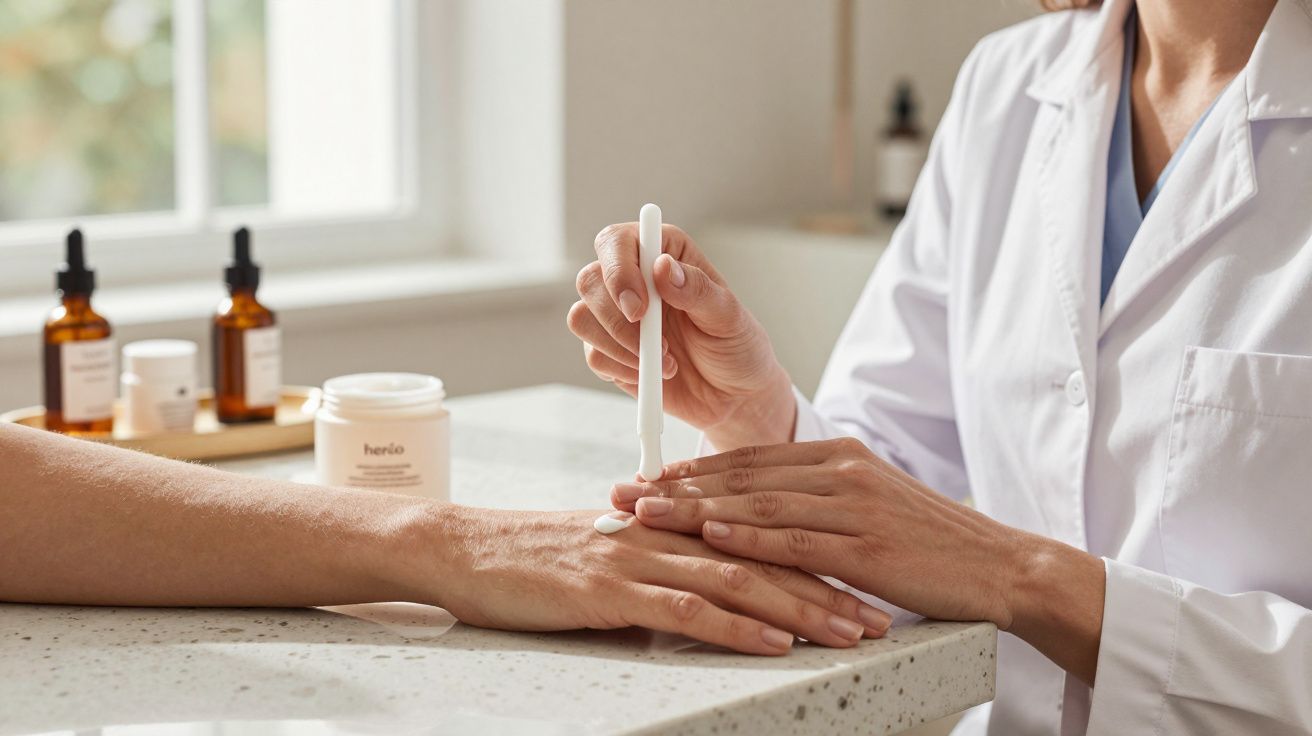 Pessoa em jaleco aplicando produto em mão sobre balcão, frascos no fundo.