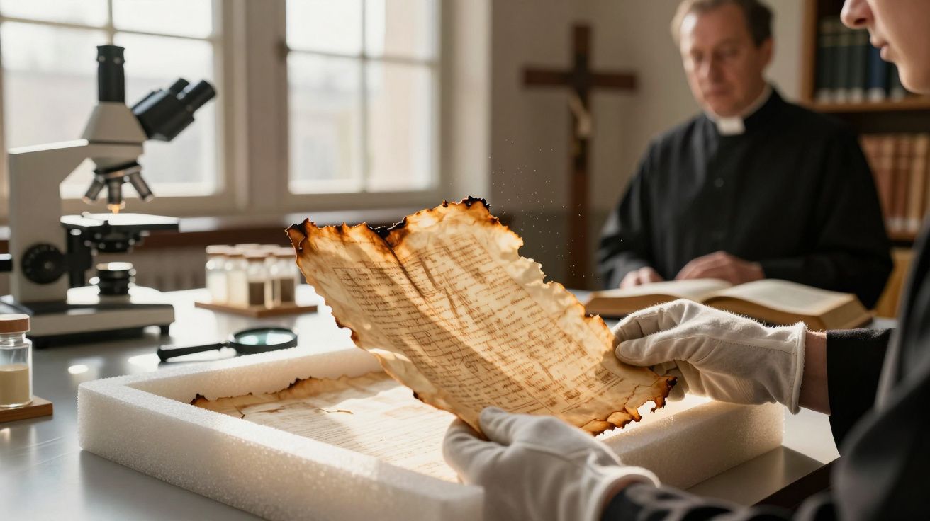 Pessoa com luvas examina documento antigo queimado; ao fundo, homem de terno e microscópio sobre mesa.