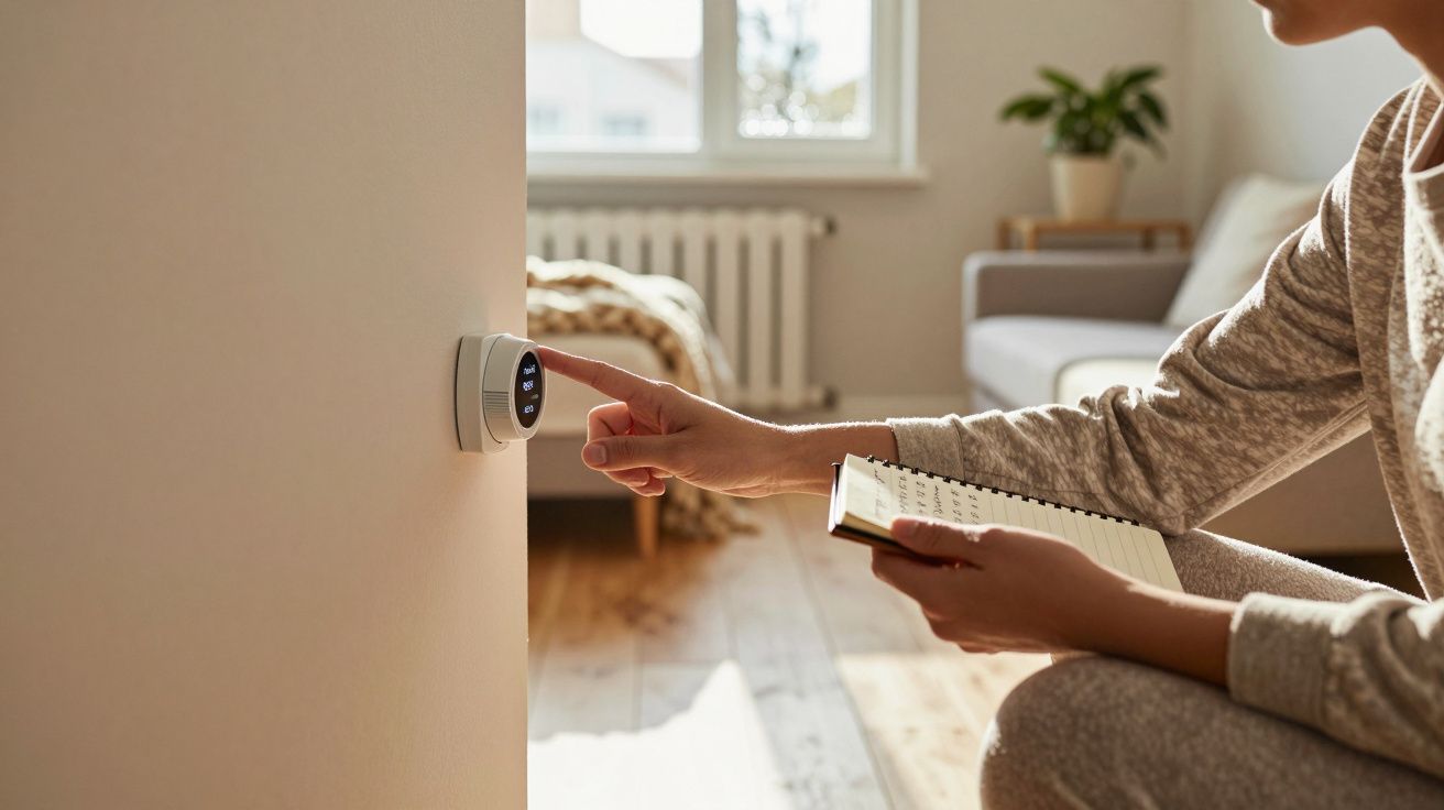 Pessoa ajusta termostato digital em sala de estar iluminada com sofá e planta, segurando um caderno.