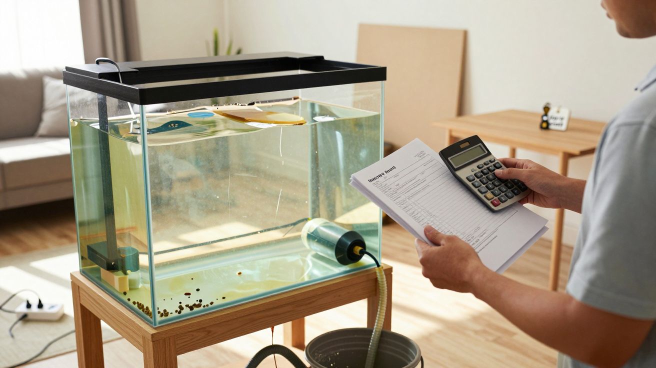 Pessoa usando calculadora ao lado de aquário vazio em sala de estar iluminada.