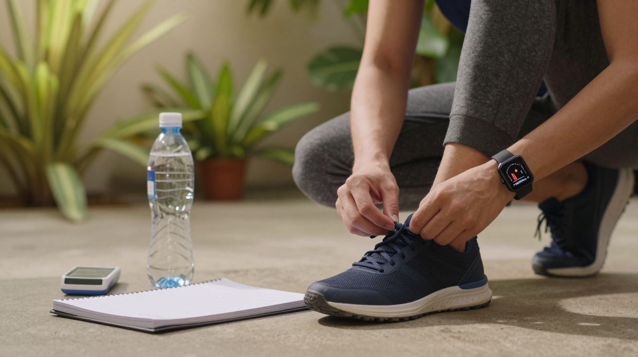 Pessoa amarrando tênis, usando smartwatch, com garrafa d'água e caderno ao lado, em ambiente com plantas.